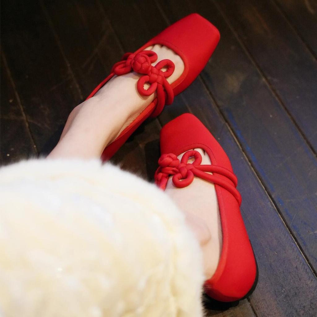 Schafslederversion~ Superweichsohlige Leder rote Mary Jane Einzelschuhe Damen Frühling neu Chinesischer Knoten flachsohlige Ballerinas Damenschuhe