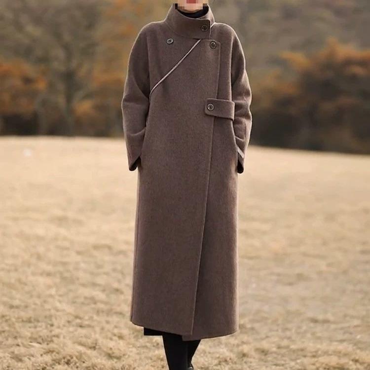 2025 Autumn/Winter Women's Wool Coat - Korean Hepburn Style with Stand-Up Collar