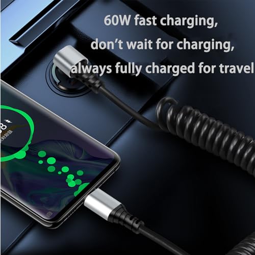 2 packs of 60W spiral telescopic USB-C fast charging data cable 90 degree elbow spring cable black