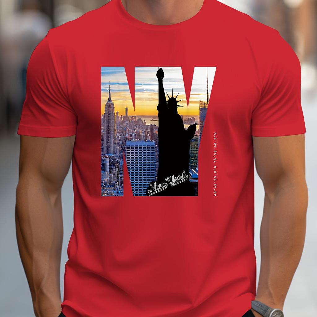 Men's 100% pure cotton summer loose fit large size NY Graphic print casual slim fit round neck short sleeved T-shirt top