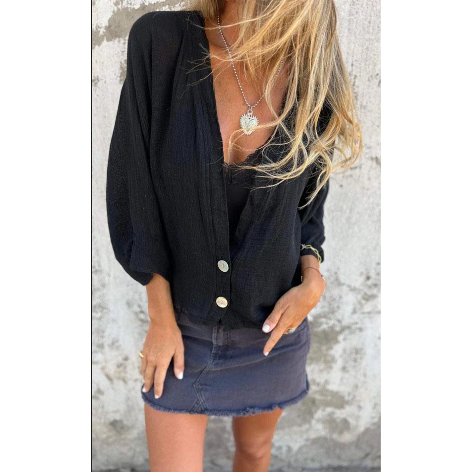 

Женские рубашки с V-образным вырезом из хлопка и льна, свободная модная футболка, повседневная одежда, весна и осень XS чёрный