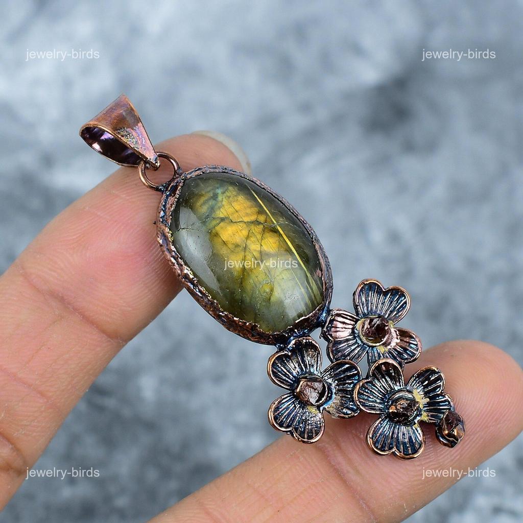 Third Eye Chakra Labradorite Gemstone Boho Electroformed Pendant Jewelry Copper VP-11