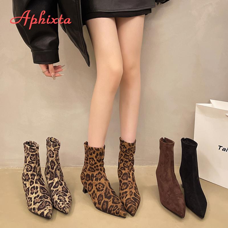 Fashion Aphixta Soft Stretch Fabric Women Ankle Boots Leopard Print Modern Boots 5cm Spike Heels Shoes Woman Boats Botines Para Mujeres