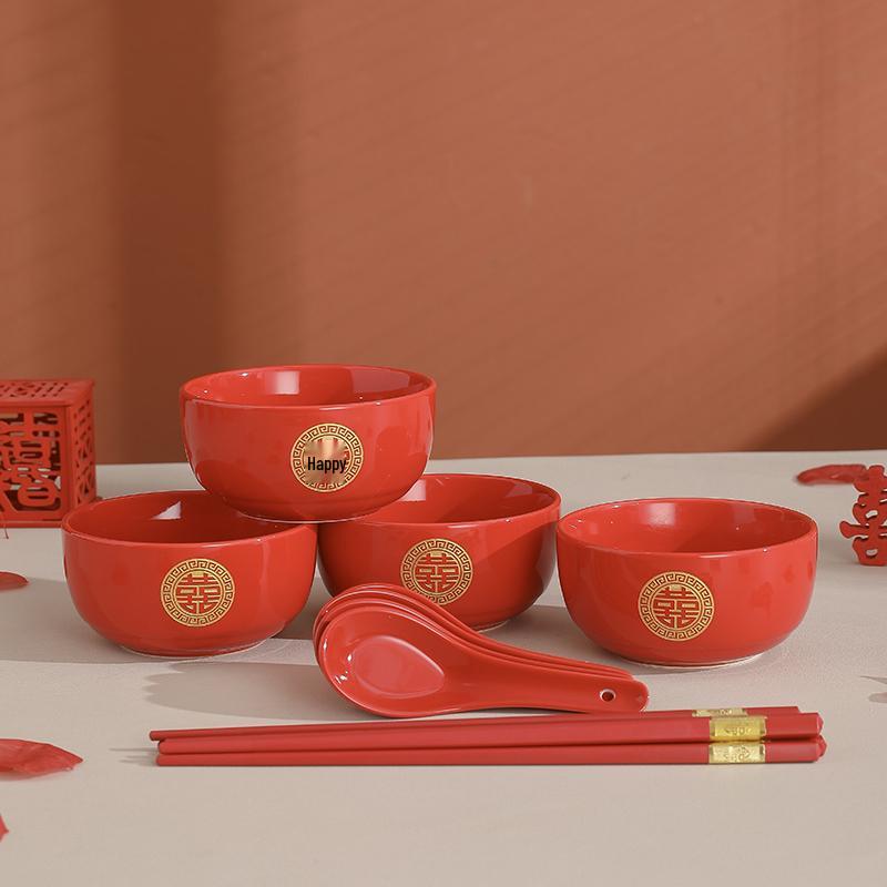 Chinese Wedding Red Bowls & Chopsticks Set: Bride Dowry Gift Pair