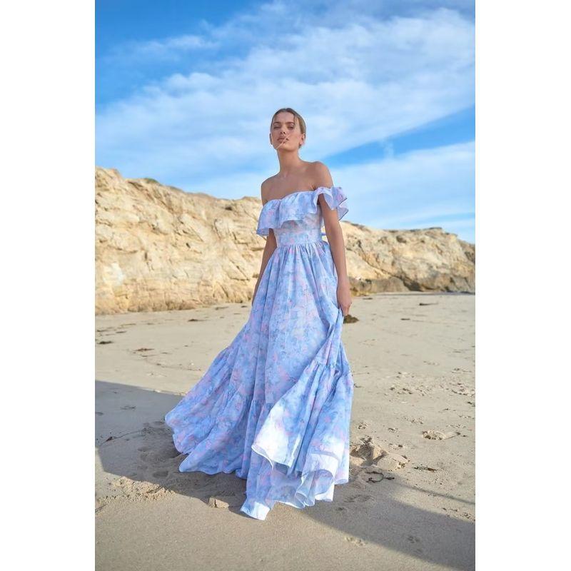 

Fairy Floral-Print off-Shoulder Belt Beach Dress Bows Dream Blue Print Long(High quality) L