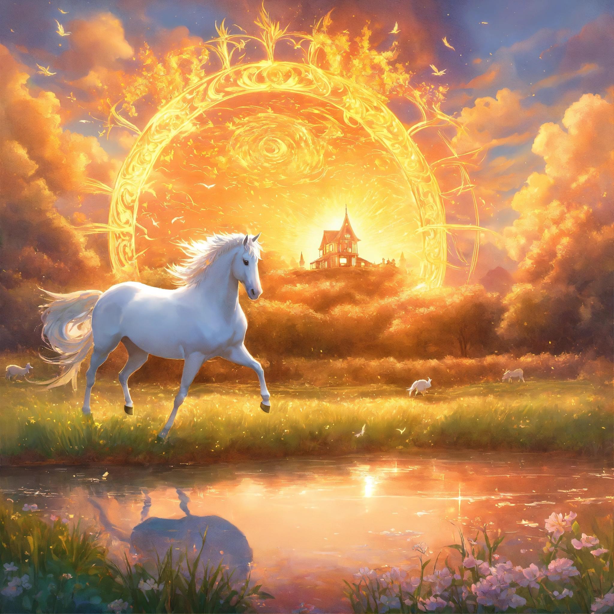 

Sacred White Pegasus Horse Golden Sunshine Prints Poster Canvas Painting Modern Wall Art Pictures Living Room Bedroom Home Decor 20x20cm no frame
