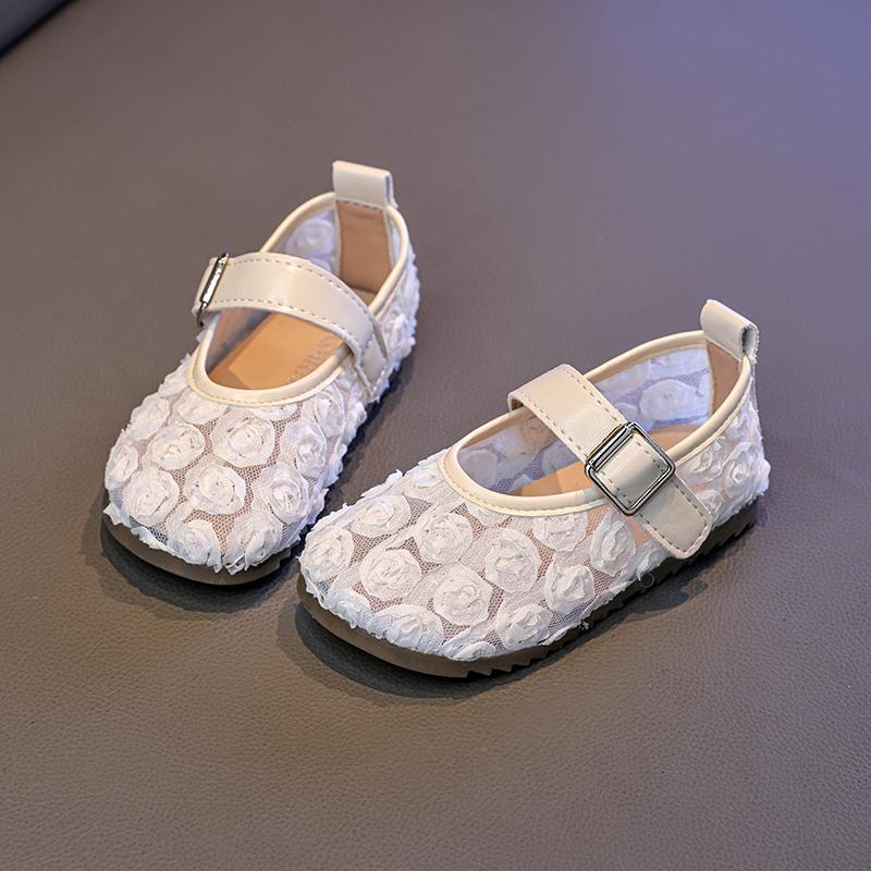 Toddler Girls Lace Floral Mary Jane Flats, Breathable Mesh Princess Shoes with Buckle Strap
