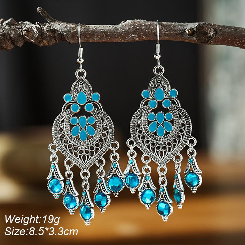 Blue Fashion Boho Temperament Water Drop Feather Earrings for Women Long Crystal Rhinestone Drop Oil Dangle Earring Jewelry