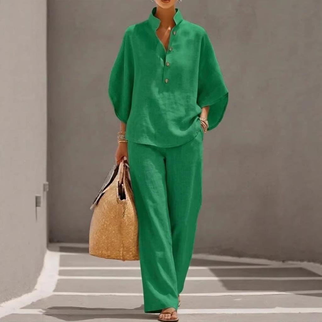 Women'S 2 Piece Linen Outfits Flare Sleeve Pullover Shirt Top And Wide Leg Pants Set Casual Loungewear Vacation Tracksuit