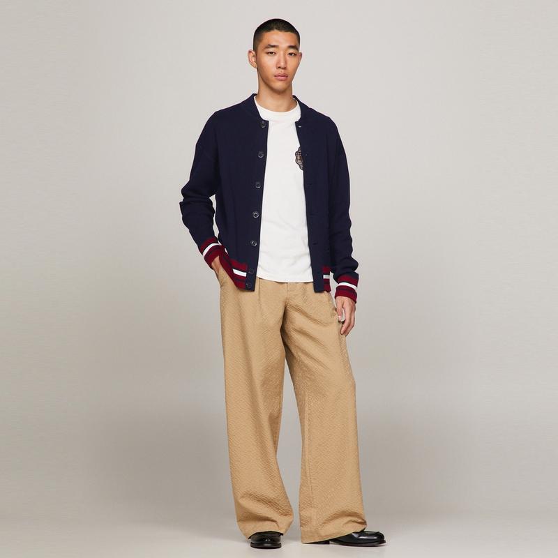 Tommy Hilfiger Cotton Heavyweight Letter Embroidered Logo Loose Baseball Collar Knitted Cardigan Men Outerwear Navy-Blue MW0MW33090