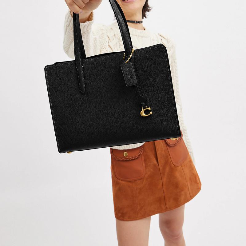 Coach Carter 28 Solid Color Logo Nameplate Logo Pendant Pebbled Leather Tote Bag Tote Bag Shopping Bag Handbag Large Women's Black
