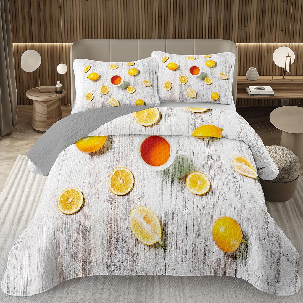 Citroen Twin Queen King Sprei Set Oranje Gewatteerde Sprei 2/3 stuks Zomer Tropisch Fruit Beddengoed Set Botanisch Thema Huisdecoratie