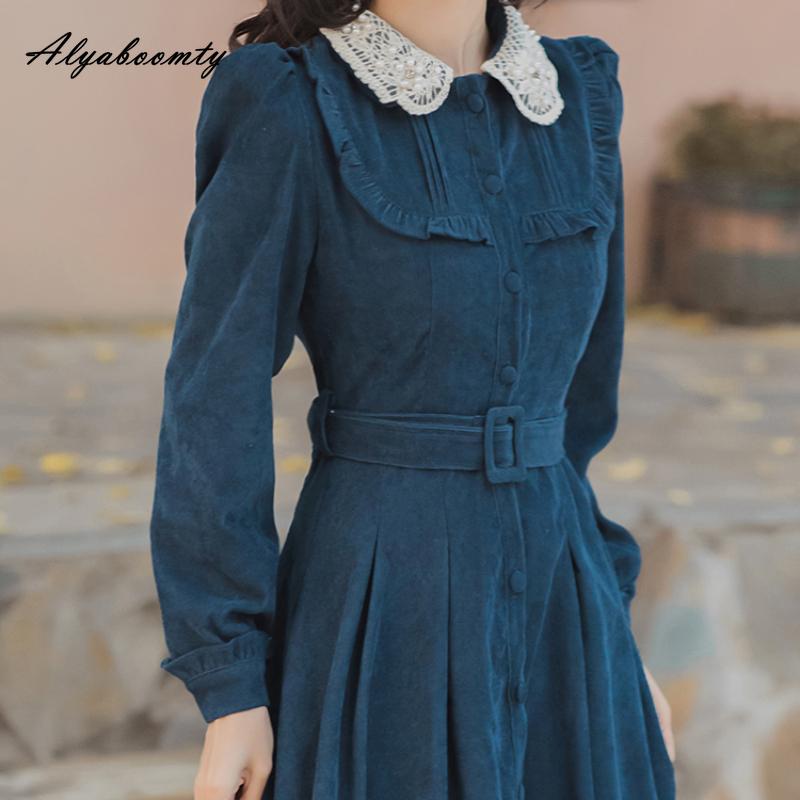 Mori Girl Autumn Winter Women Long Shirt Dress Blue Beading Vintage Buttons Dress Corduroy Elegant Feminine Dress With Belt
