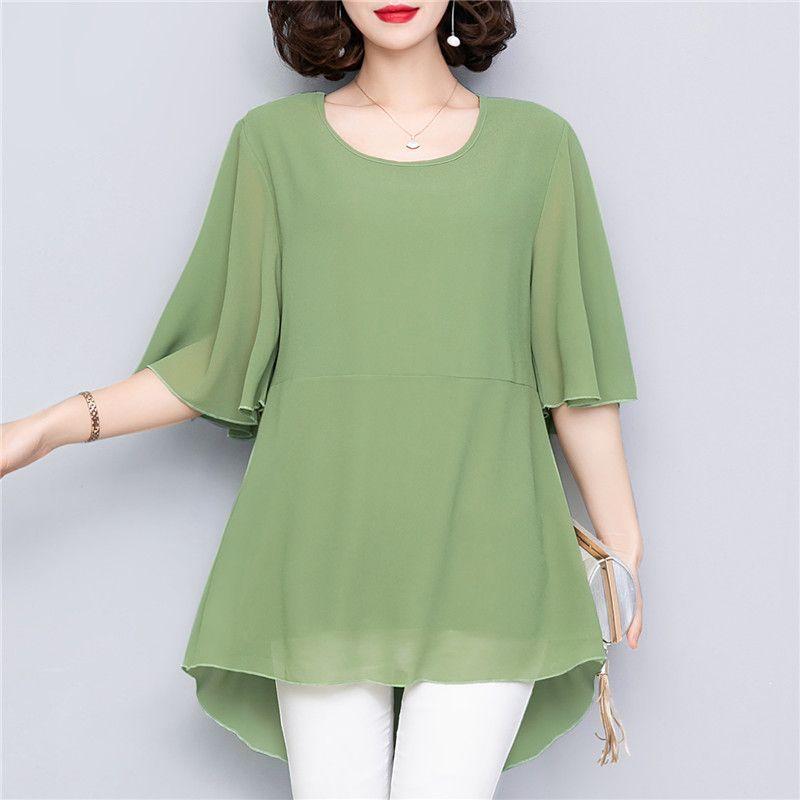 Maglietta da donna in chiffon taglie forti, con bordo estivo in pizzo, manica media, top da ufficio