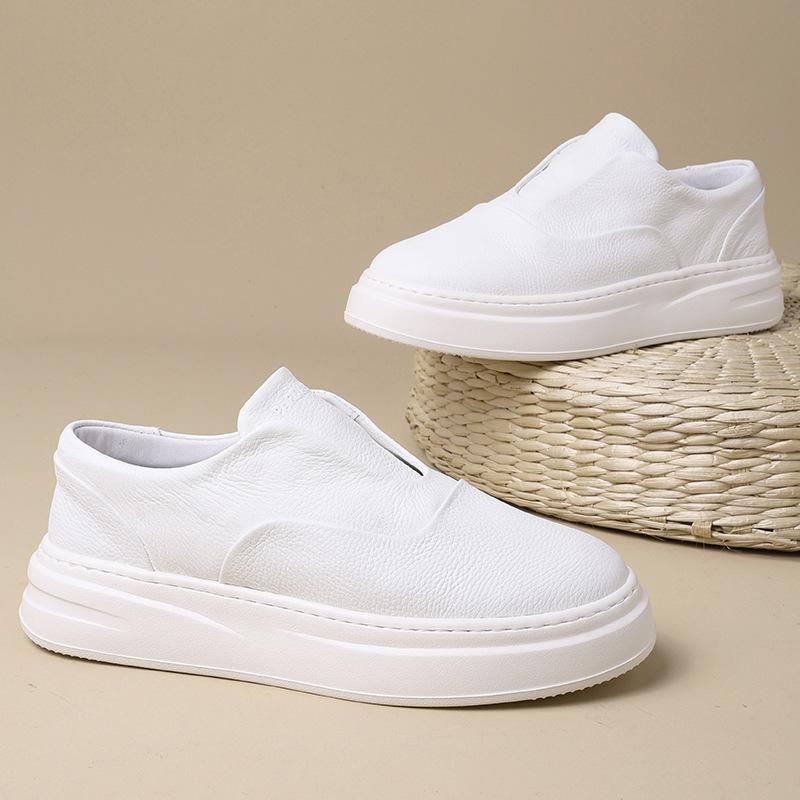 Casual Men's Shoes Thick-soled Heightening Loafers Simple One-pedal Soft-soled White Shoes Leather Breathable Trend Board Shoes