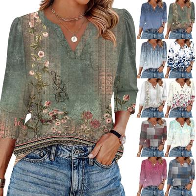 Women's Fashion Casual 3/4 Sleeve Print Shirt Women's V-Neck Tops