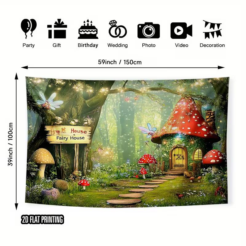 2D Whimsical Fairy Tale Forest Tapestry with Mushroom Cottage