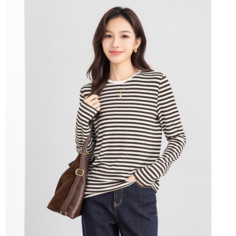 Yifei Women's Slim-Fit Long-Sleeve Striped Tencel Wool Top, 2026 Spring Collection