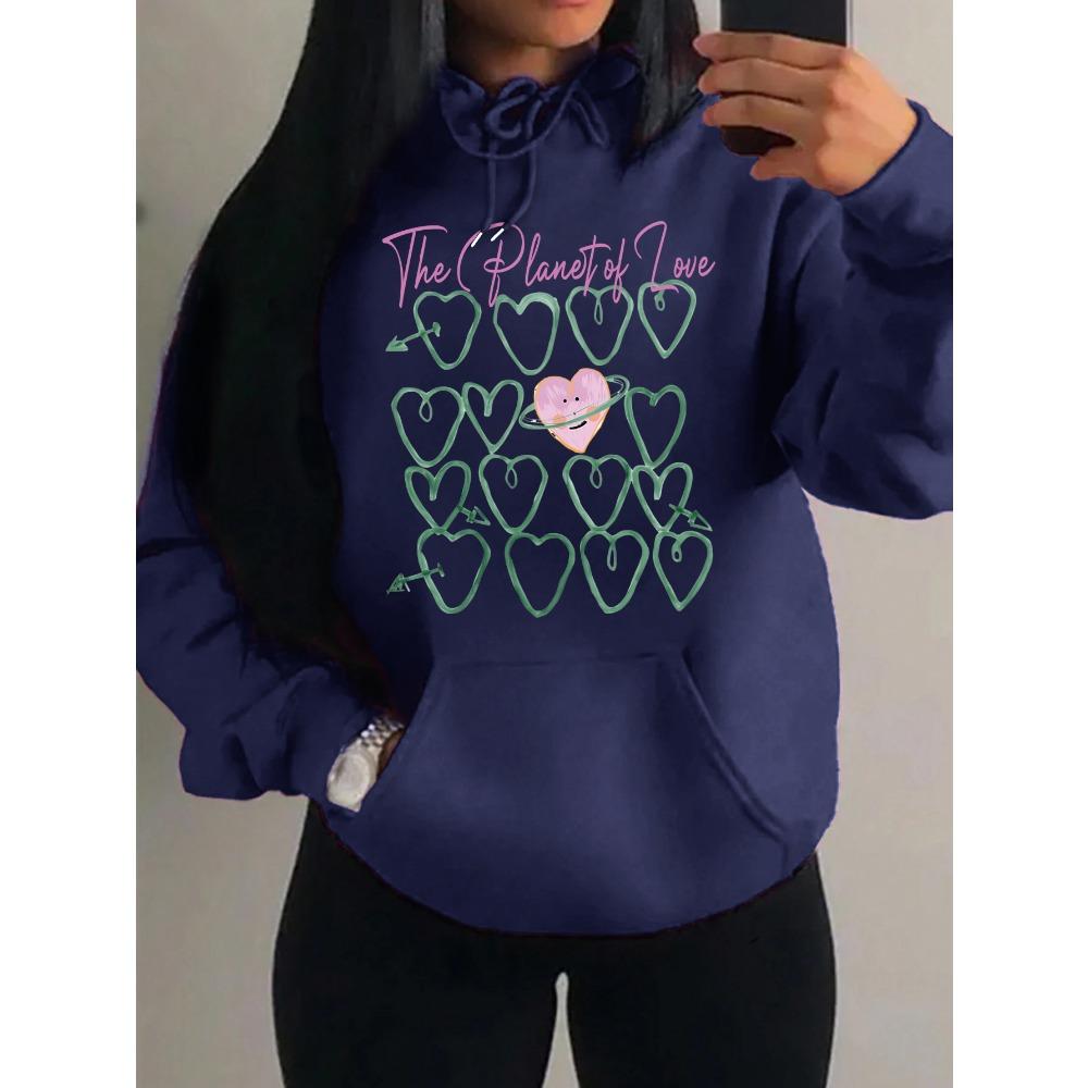 Der Planet der Liebe Kreatives Herz Bedruckter Damen Hoodie Street Pocket Y2K Streetwear Fleece Kapuzenpullover Lässig Mehrfarbig Pullover