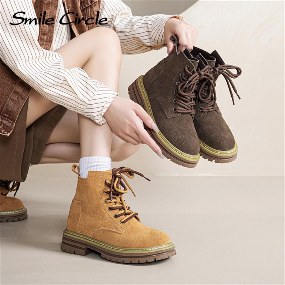 Natural Suede Women Boots Round Toe Lace Up Thick Bottom Boots Fashion Casual Work Boots