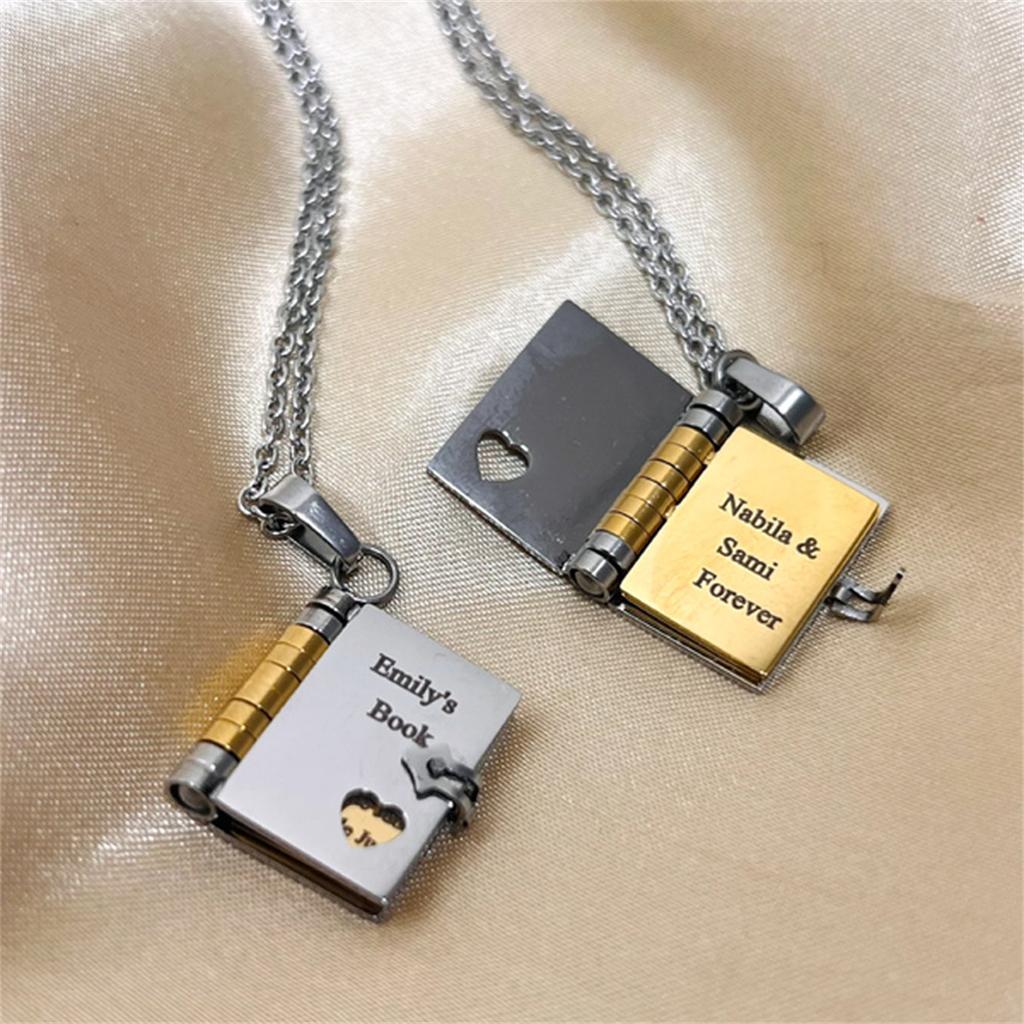 Stainless Steel Couple Book Pendant Necklace with Personalized Ins Titanium Steel Heart Opening and Closing Book Sweater Chain