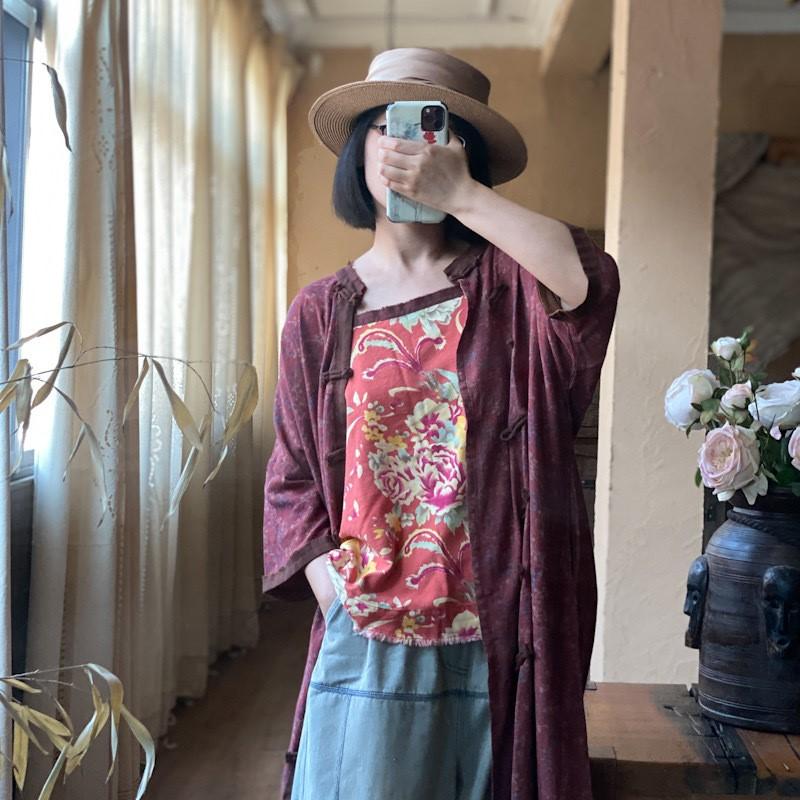 Johnature Verano Mujer Lino Cuello Cuadrado Tops sin Mangas Holgados Vintage Estampado Lavado Desgastado Tops sin Mangas Casuales