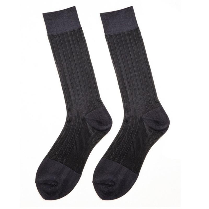 Mens Business Soft Breathable Nylon Sheer Dress Socks Thin See Through Silk Ribs Striped Calf Socks for Formal Use