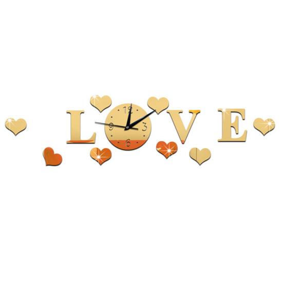 Mirror Effect 3D Clock Love Heart Wall Analog Sticker DIY Home