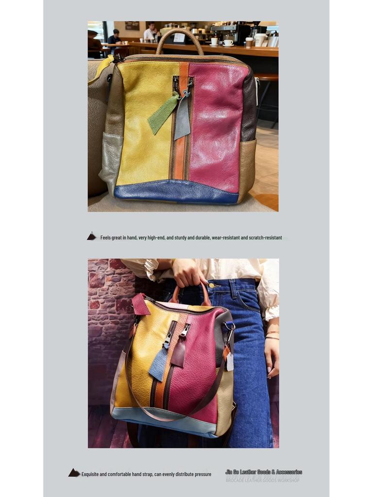 Retro Skórzana Patchworkowa Kolorowy Blok Telefon Torba na Telefon & Plecak z Podwójnym Paskiem