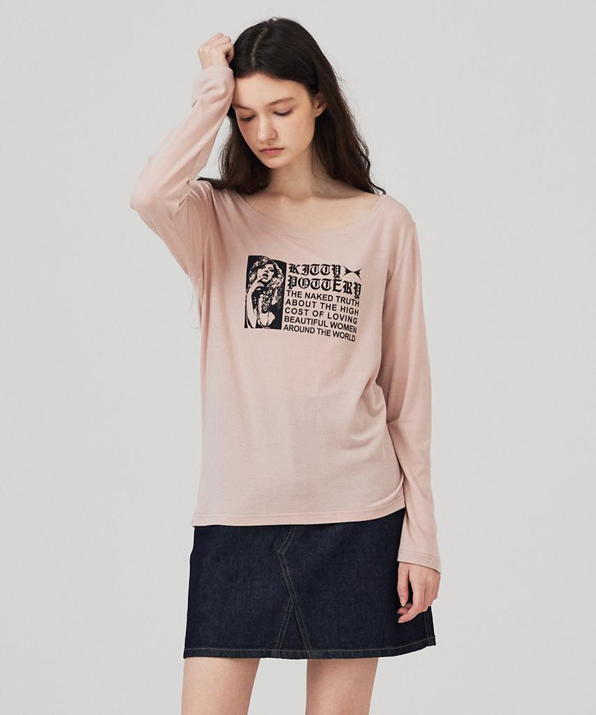 KITTY POTTERY Boat Neck Glam Graphic Long Sleeve T-Shirt Charcoal