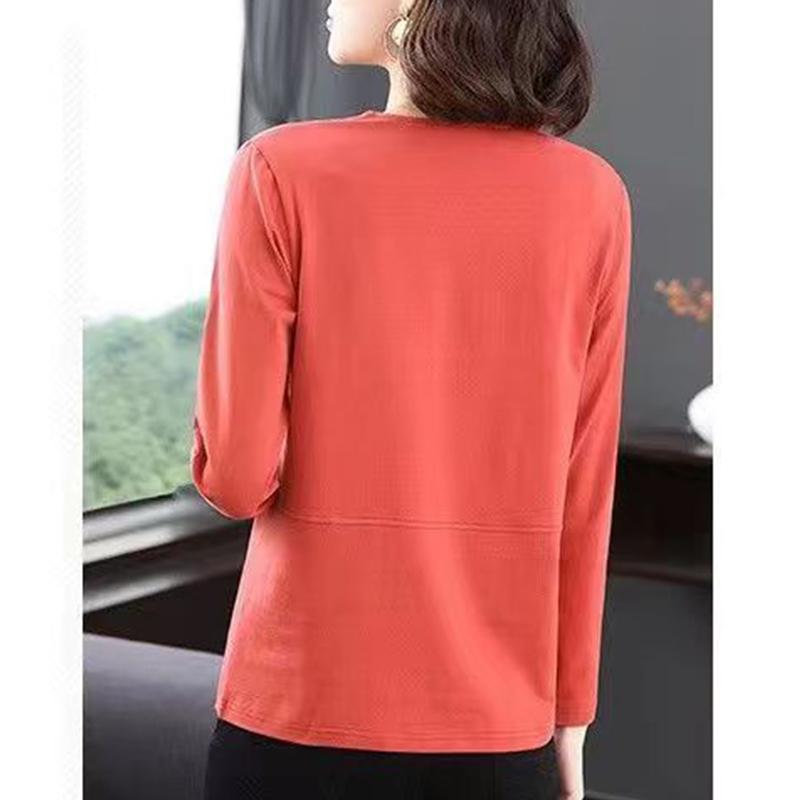 Spring Autumn V-neck Pure Cotton Patchwork Oversized T-shirt Ladies Lose Casual All-match Pullover Tops Women Comfortable Tees