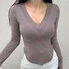 Korean V-neck Curved Hem Long Sleeve T-shirt for Women - Autumn Winter Style