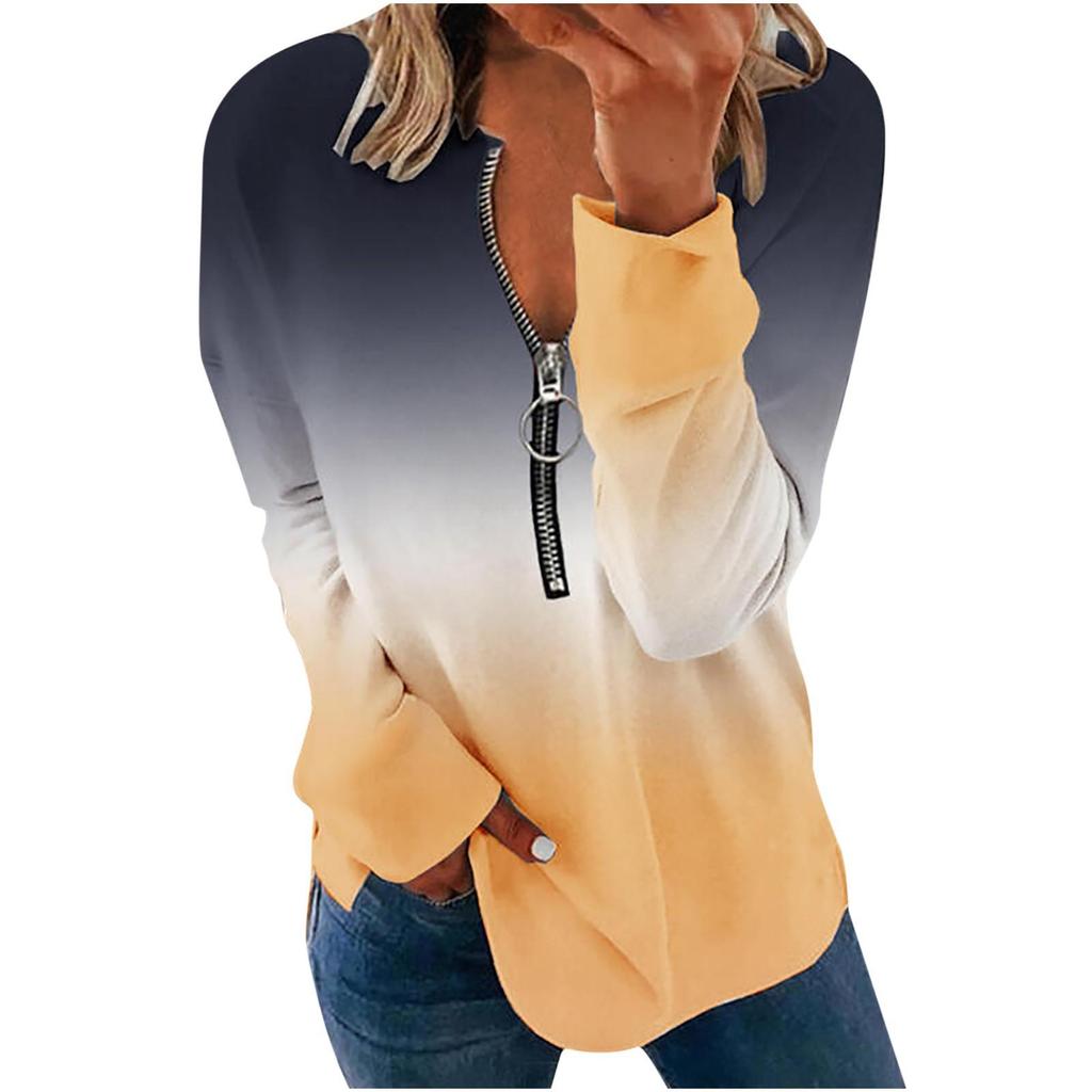 2025 Women's Gradient Color Zipper Round Neck Long Sleeve Hoodie Tee