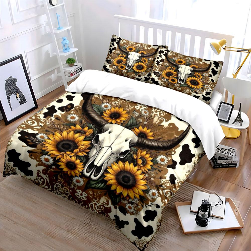Cow Skull with Sunflowers Set Bedding Duvet Cover Set Duvet Cover Pillowcases (1 * Duvet Cover 2 * Pillowcases, Without Duvet Insert)