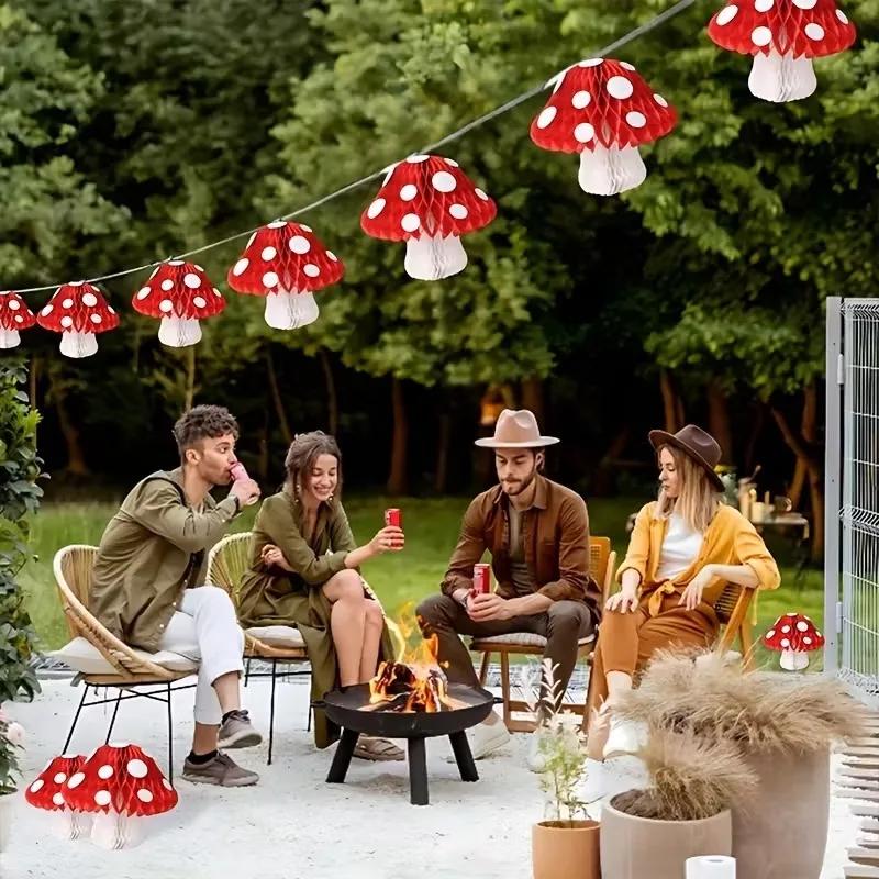 Creative Mushroom HoneycombBall 3D HangingOrnament for Indoor PartiesForest Theme Birthday Wedding Decor Jungle Wonderland Setup