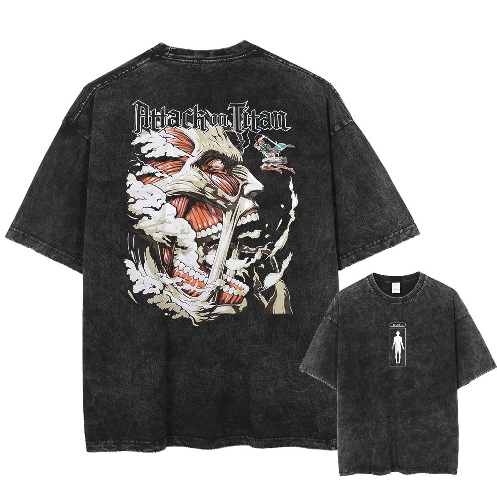 Anime Eren Yeager Muster Gewaschenes T-Shirt, Herren Comic Locker Geschnittenes T-Shirt, Gewaschene Baumwolle Trendige Marke Herren T-Shirt