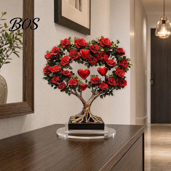 Crystal Rose Ornament Acrylic Ornament, 2D Flat Flower Decoration with Base, Table Art Centerpiece Romantic Desktop Decor for Home Shelf Cabinet