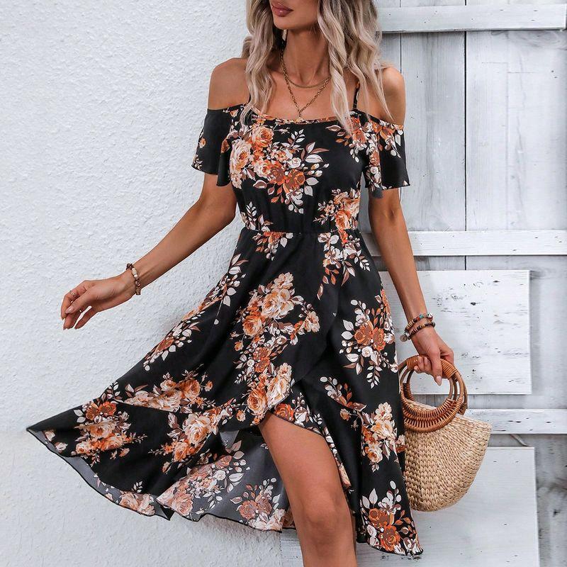 

Summer New Arrival Women s Clothing Fashion Style Slimming Printed High Waist Dress Color Pullover Street off-the-Shoulder Slip Dress Black XL
