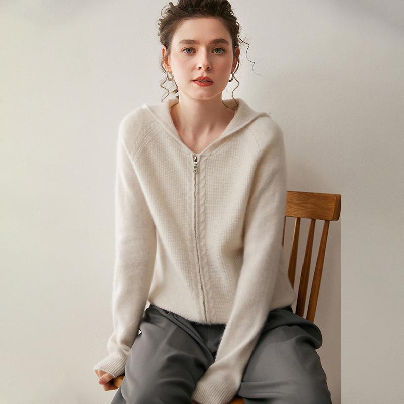 Eleganter Kapuzen-Kaschmir-Cardigan für Damen - Locker, Gemütlich und Hochwertig mit Verdicktem Reißverschluss.