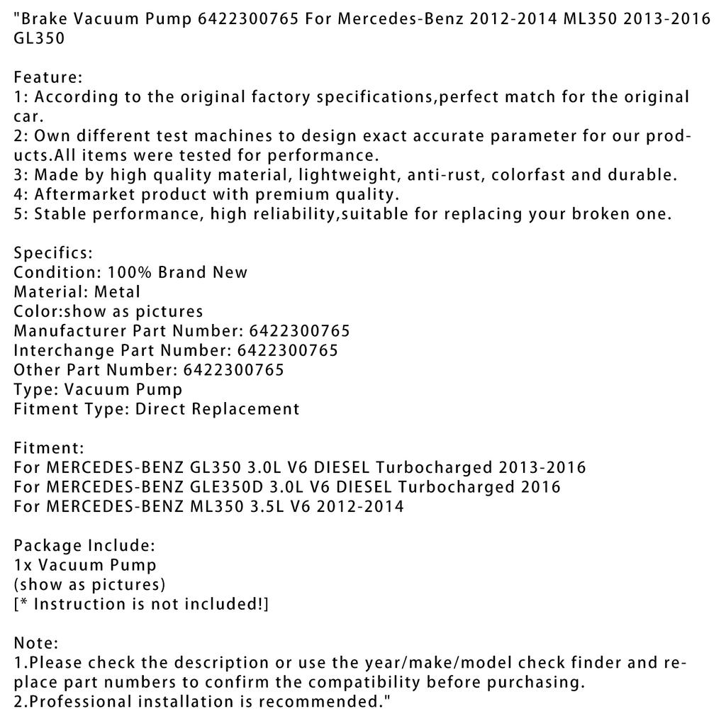 Bremsvakuumpumpe 6422300765 Für Mercedes-Benz 2012-2014 ML350 2013-2016 GL350