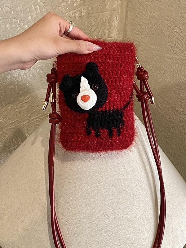 Handmade Knit Dog Pattern Shoulder Bag With Cell Phone Pocket For Casual Daily Use