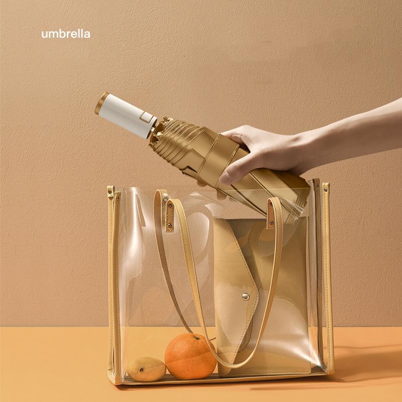 Fully Automatic Eight Bone Three Fold Business Folding Umbrella, Men'S Gold Glue Dual-Purpose Clear Umbrella