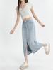 Women's High-Waist Blue Lyocell Denim Skirt, Summer 2026, Mid-Length A-Line with Front Slit