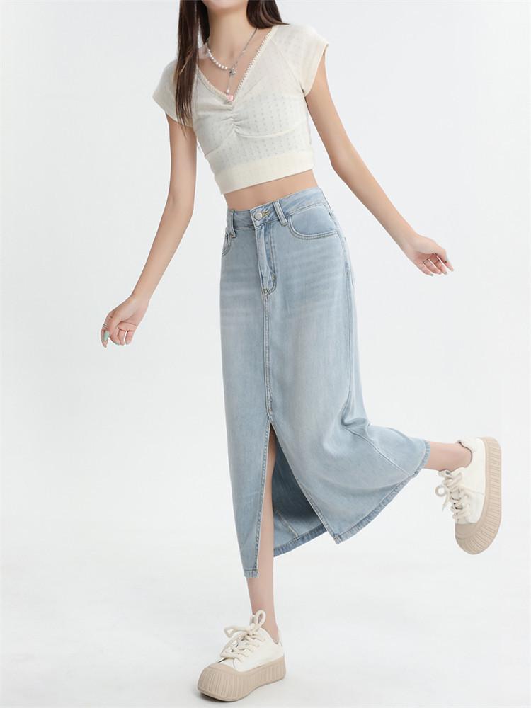 Women's High-Waist Blue Lyocell Denim Skirt, Summer 2026, Mid-Length A-Line with Front Slit