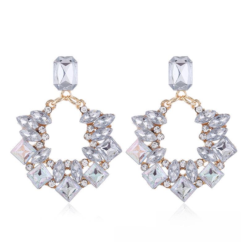 European & American Fashion Square Colored Diamond Earrings: Bold & Chic Hollow Design