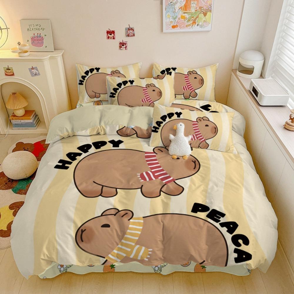 Motivo capibara dei cartoni animati, Set di biancheria da letto in microfibra, Biancheria da letto per bambini con cerniera, Decorazione per la stanza, Copripiumino per adolescenti e adulti, Set da 3 pezzi