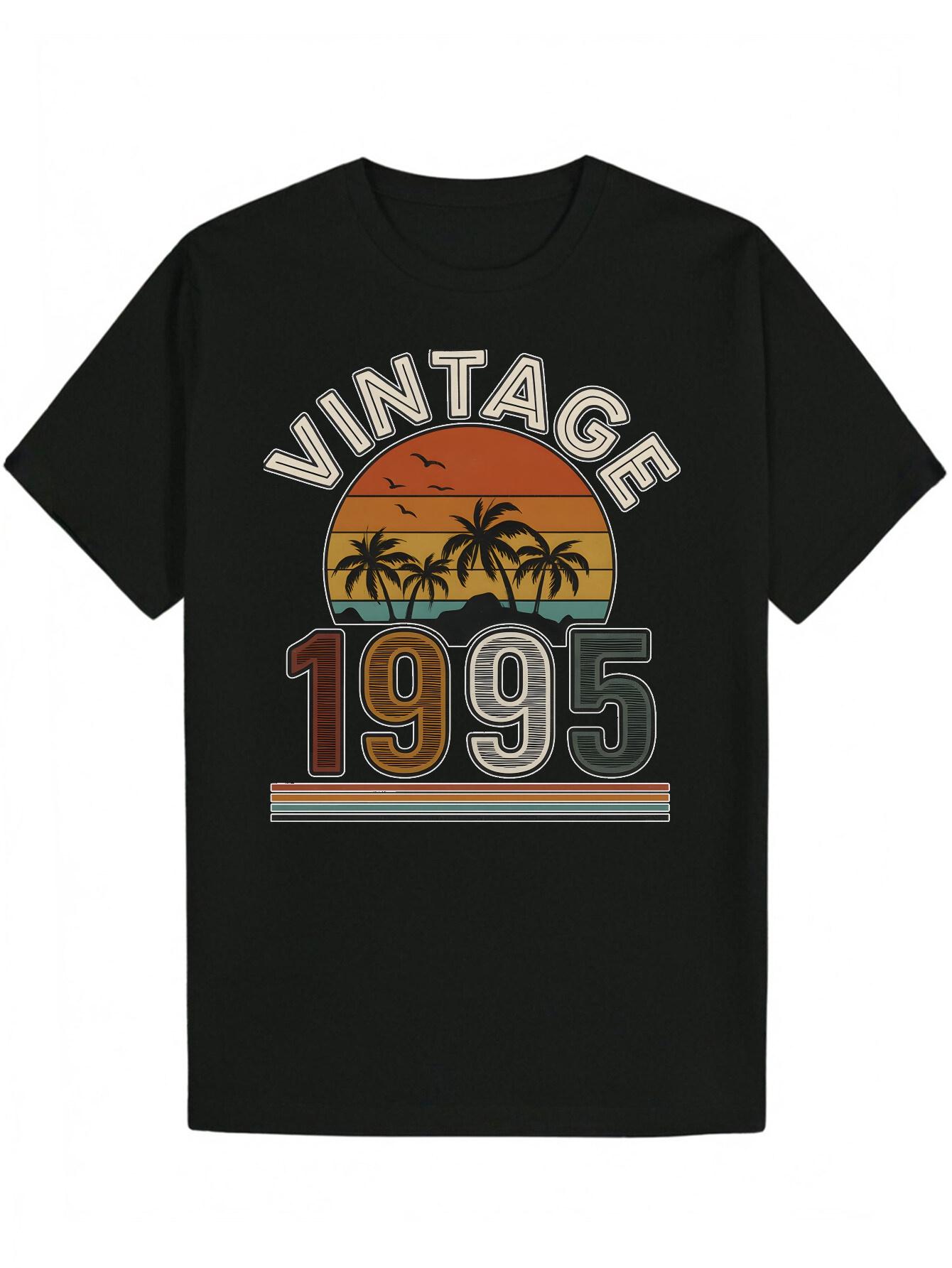 Vintage 1995 Retro Graphic T-shirt - Casual Polyester Crew Neck Tee with Sunset & Palm Tree Design XXXXL