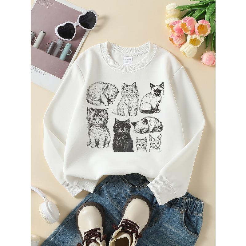 Girls' Crewneck Sweatshirt Cute Kitten Black And White Print Machine Washable, Spring And Autumn, Sportswear And Casual Wear