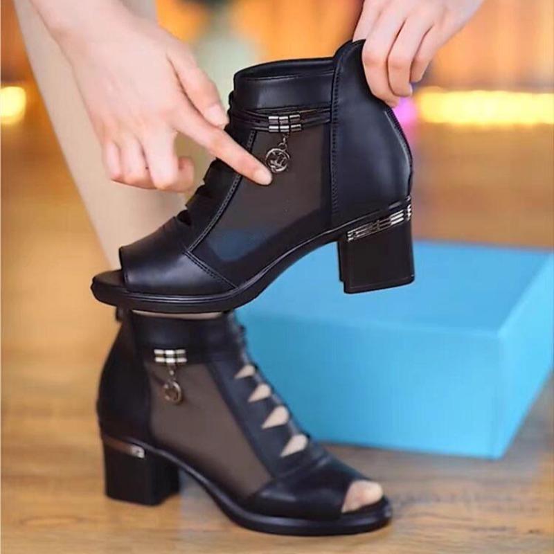 Women's Fish Mouth Sandals Summer Mesh Breathable Coarse Heel Women Short Boots Party Career Sexy High Heels Pumps Zapatos Mujer