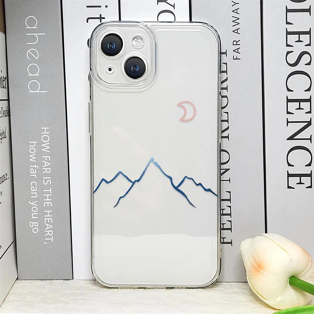 Line Mountain Scenery Phone Case for IPhone 16 Pro Max 11 12 13 Mini XS MAX X 7 8 14 15 Plus Cases Simple Sun Moon Couples Cover